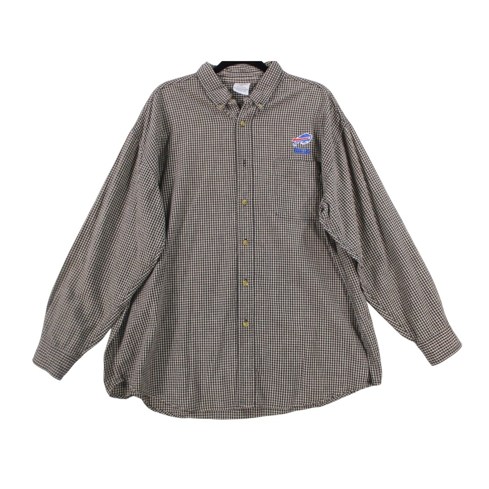 Buffalo Bills NFL Mens XL Button Down Shirt Brown Check Long Sleeve Cotton Logo